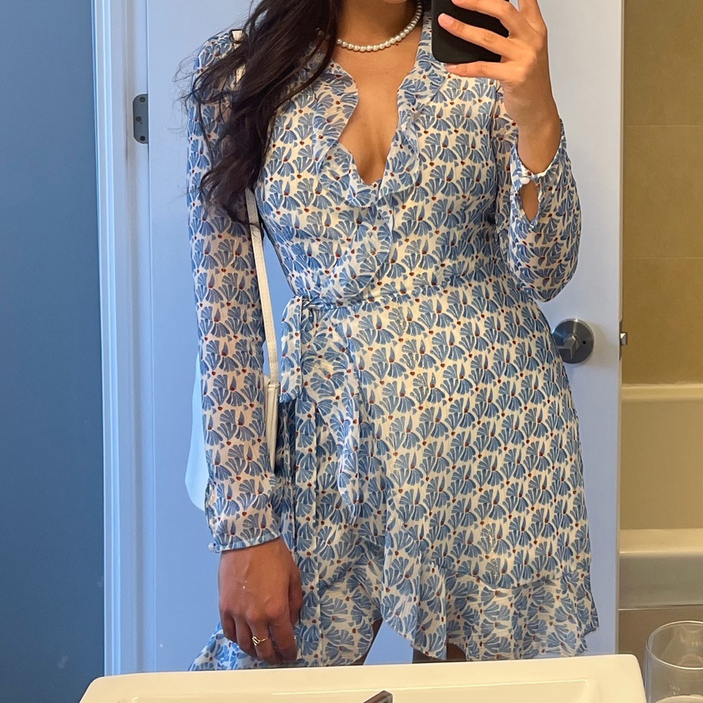 Wilfred Blue Wrap Dress / Long Sleeve With Gold and Red Thread